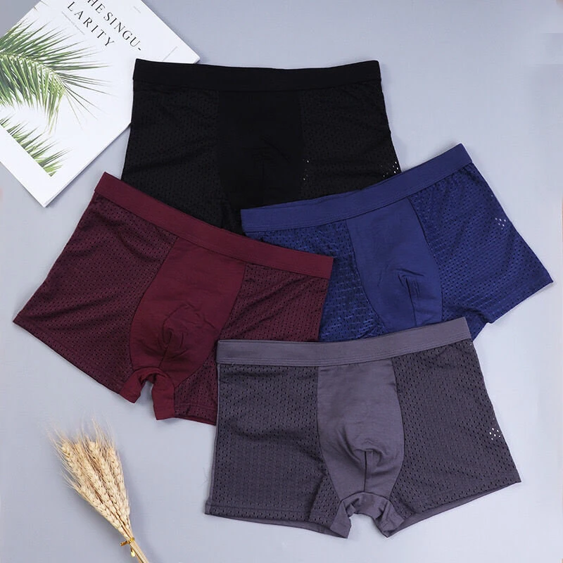 (image for) 4pcs Men's Ice Silk Mesh Boxer Briefs, Summer Thin Style Breathable Comfy Boxer Trunks, Elastic Sports Shorts, Men's Casual Underwear Daily Bottom Wear