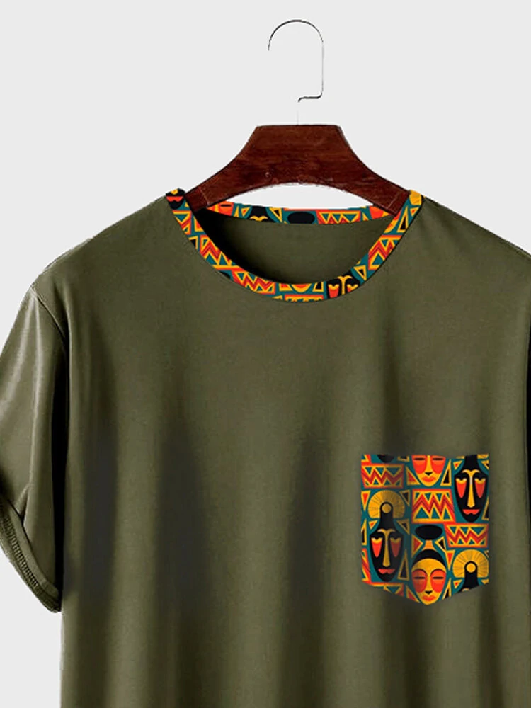 (image for) ChArmkpR Mens Ethnic Figure Face Print Patchwork Curved Hem Short Sleeve T-Shirts