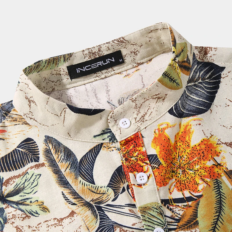 (image for) INCERUN Mens Shirts Hawaiian Short Sleeve Shirts Summer Holiday Beach Men Shirt Tropical Leaves Print Henley Shirts