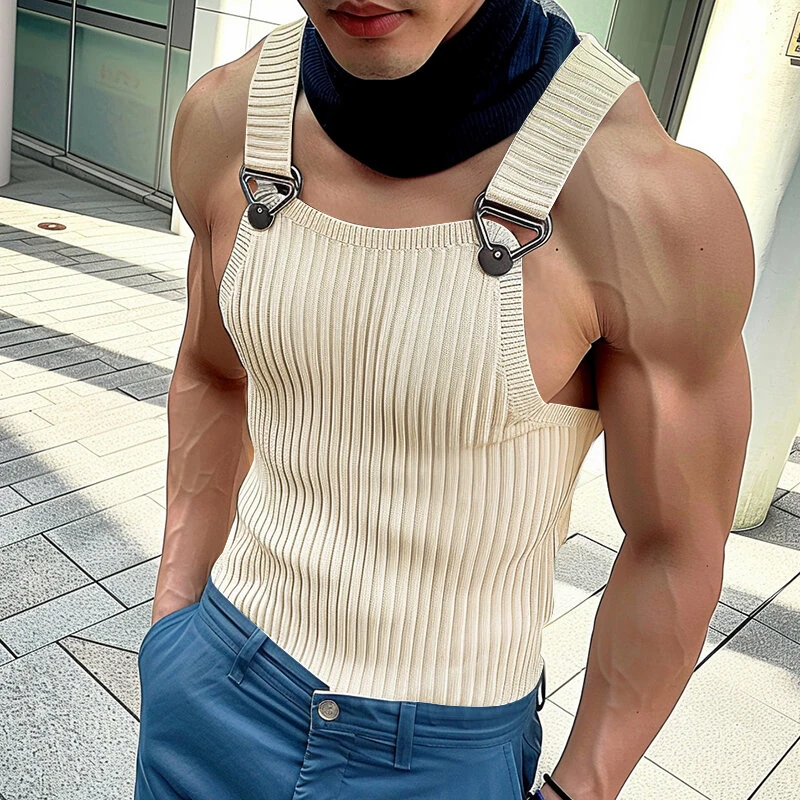 (image for) INCERUN Mens Solid Knit Textured Sleeveless Vest Fashion Solid Color Metal Button Strap Tank Top for Men