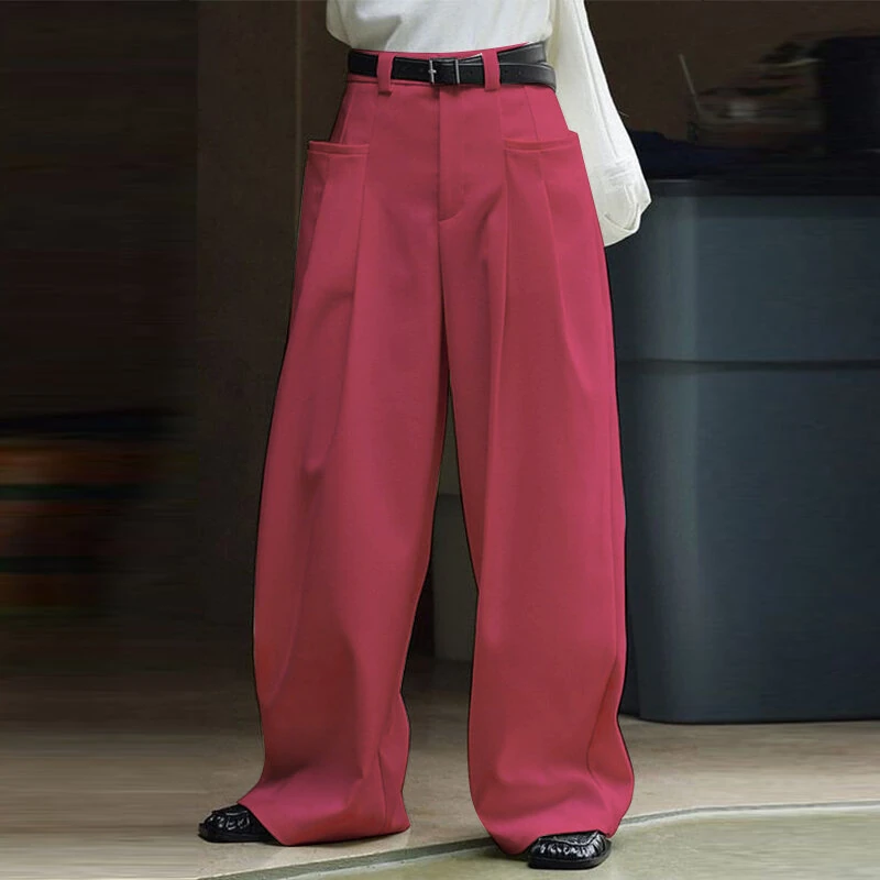 (image for) INCERUN Mens Solid Pleated Design Casual Straight Pants Casual Comfortable Wide Legged Long Pant with Pockets