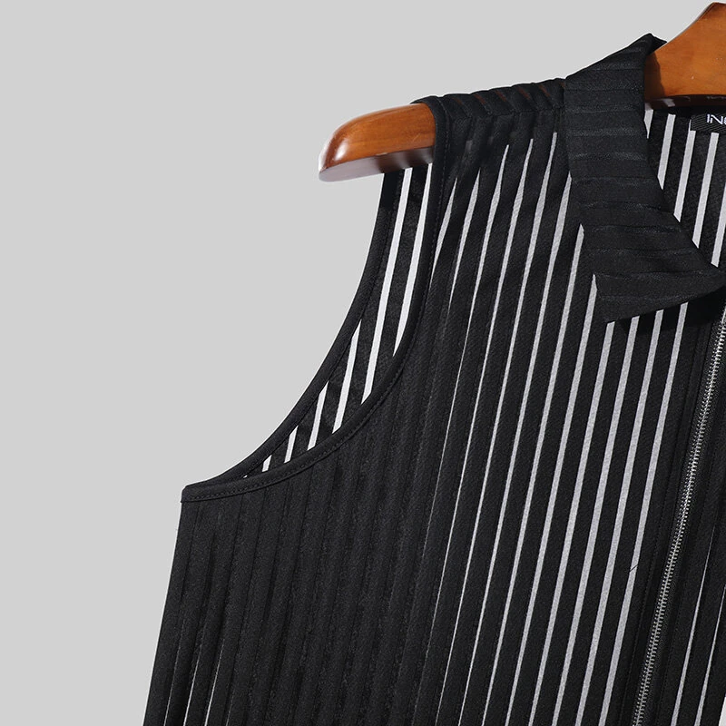 (image for) INCERUN Mens Striped See Through Lapel Collar Vest Comfortable Black Zipper Sleeveless Tank Top for Male