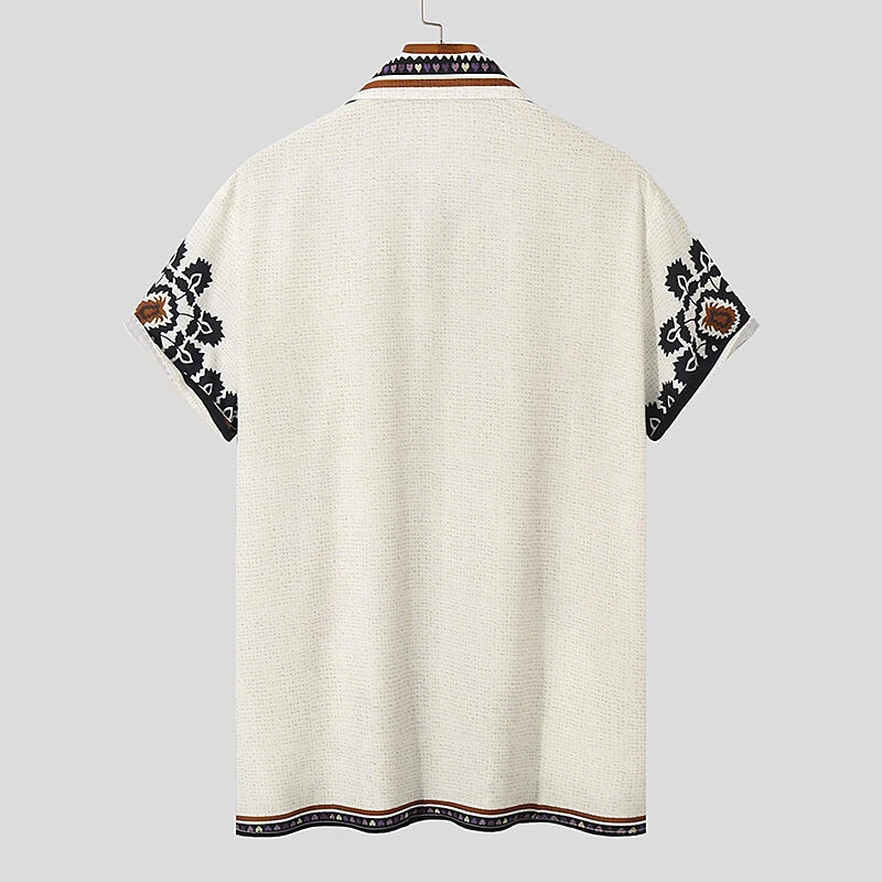 (image for) INCERUN Mens Vintage Floral Print Shirt Ethnic Print Button Up Lapel Short Sleeve Top Fashion Loose Fit for Men S-5XL