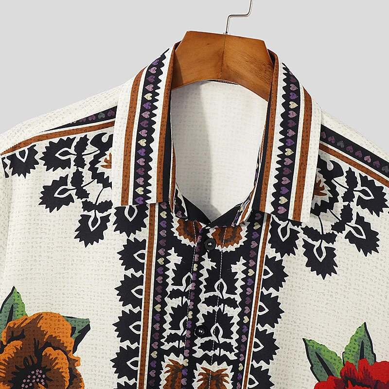 (image for) INCERUN Mens Vintage Floral Print Shirt Ethnic Print Button Up Lapel Short Sleeve Top Fashion Loose Fit for Men S-5XL