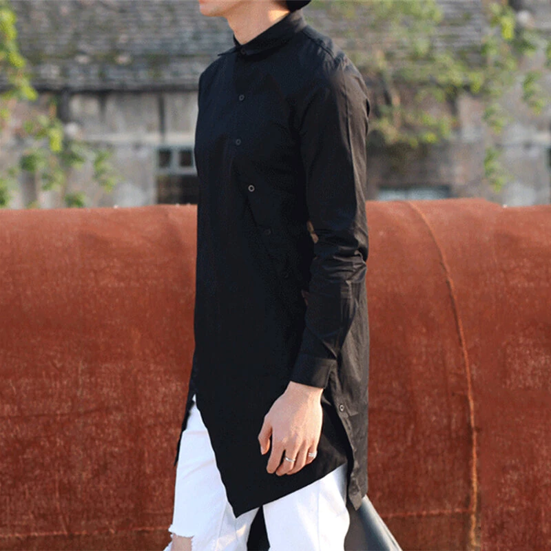 (image for) Men Solid Color Asymmetric Hem Long Sleeve Lapel Collar Shirt