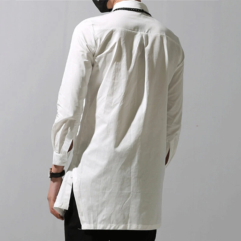 (image for) Men Solid Color Asymmetric Hem Long Sleeve Lapel Collar Shirt